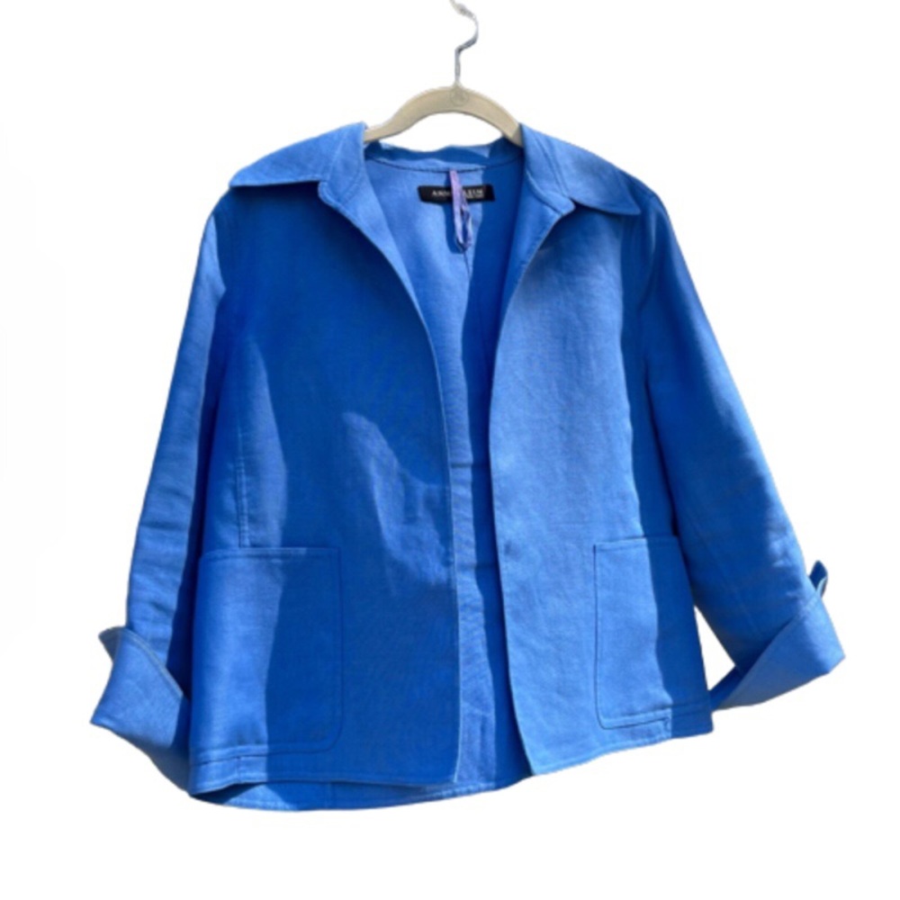 Anne Klein 100% Linen Open Front Jacket Azure Blue Size Medium